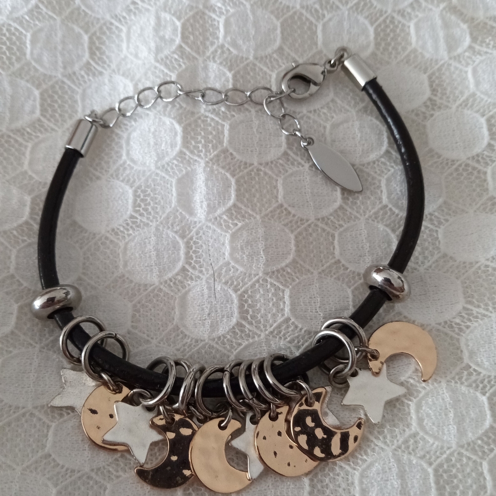 Gold and Silver Moon and Star Charm Bracelet 2 Pair Earrings